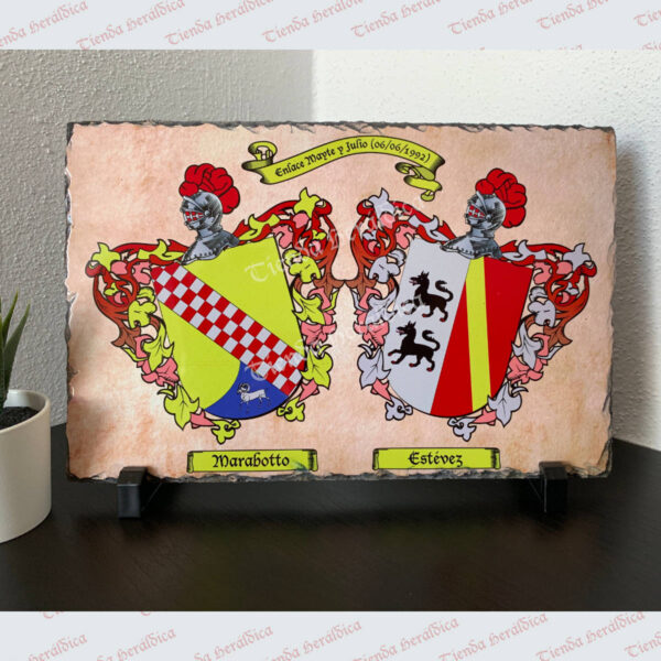 Pizarra heráldica con dos escudos y personalizada