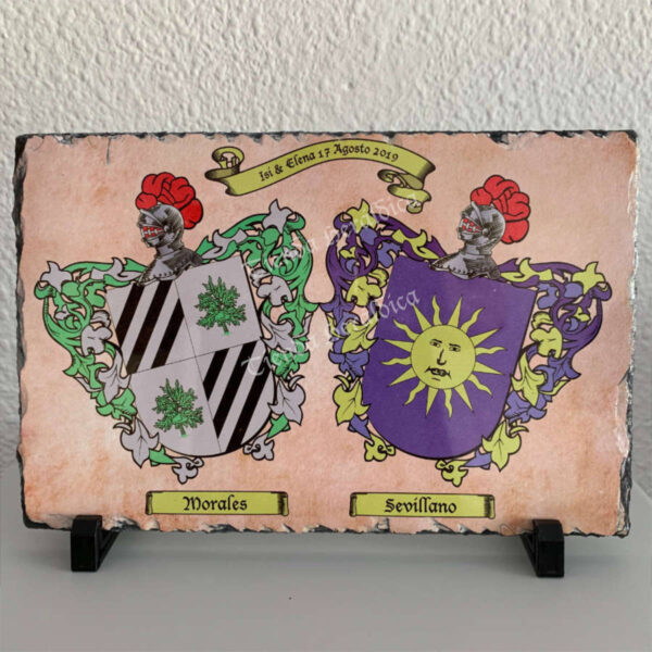 Pizarra heráldica con dos escudos y personalizada