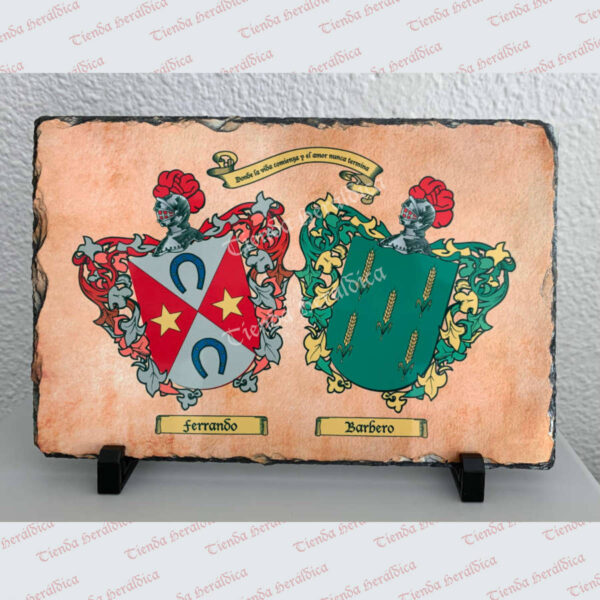 Pizarra heráldica con dos escudos y personalizada