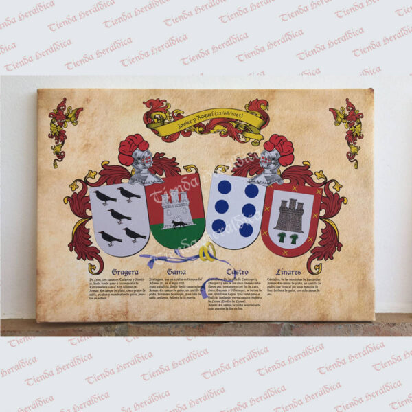 Lienzo con 4 escudos apellidos especial bodas
